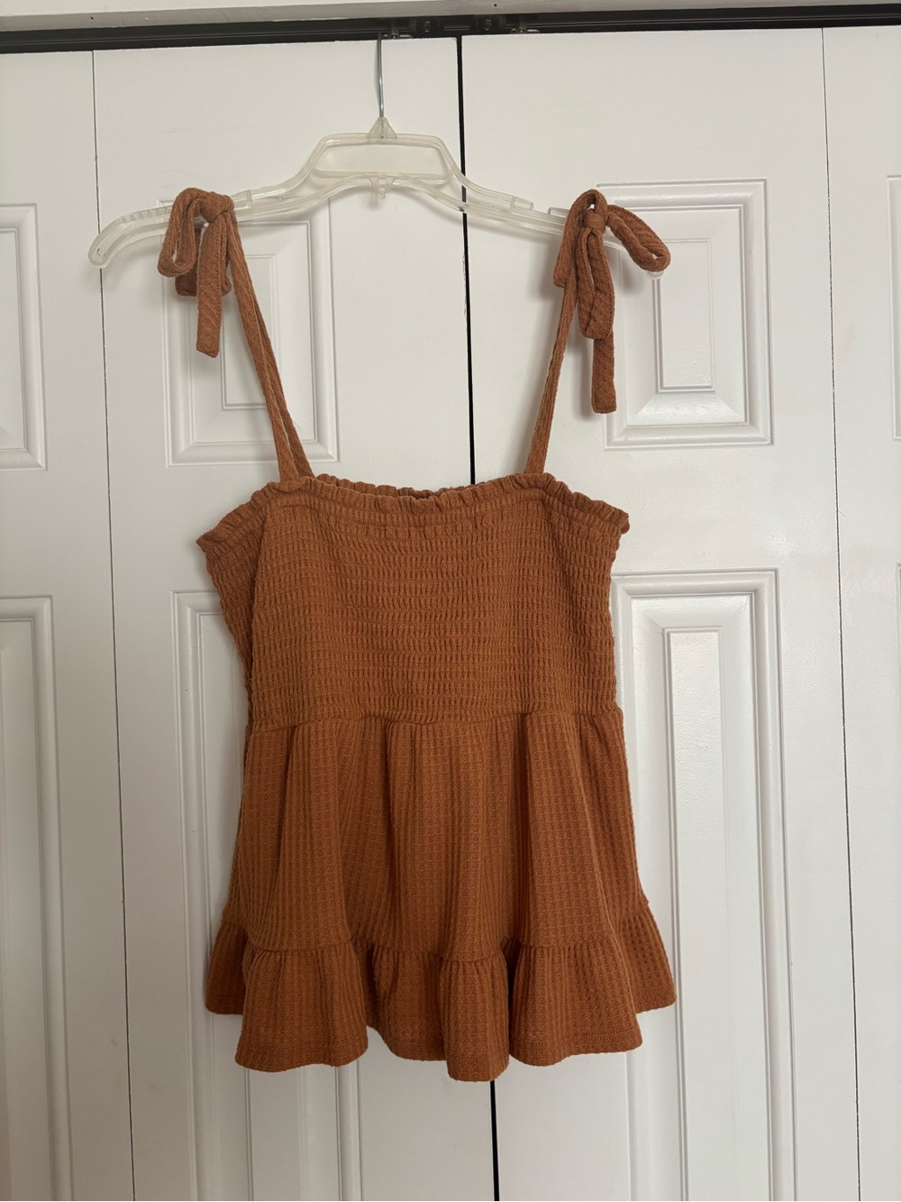 Paper Crane Rust Tie-Shoulder Smocked Peplum Camisole